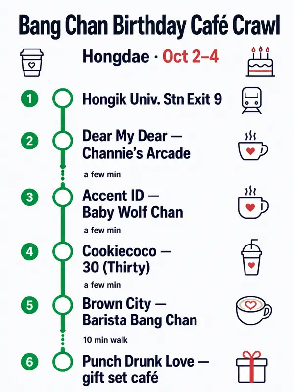 Route map: Bang Chan birthday café crawl (Oct 2–4)