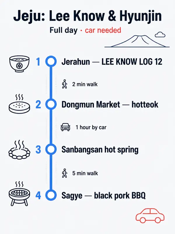 Route map: Jeju: Lee Know's market snacks + Hyunjin's black pork