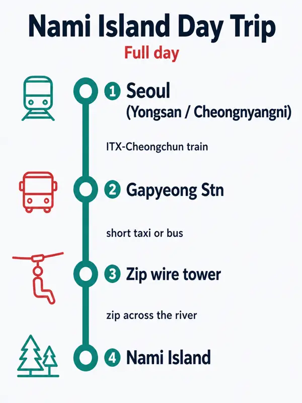 Route map: Day trip: Nami Island by zip wire