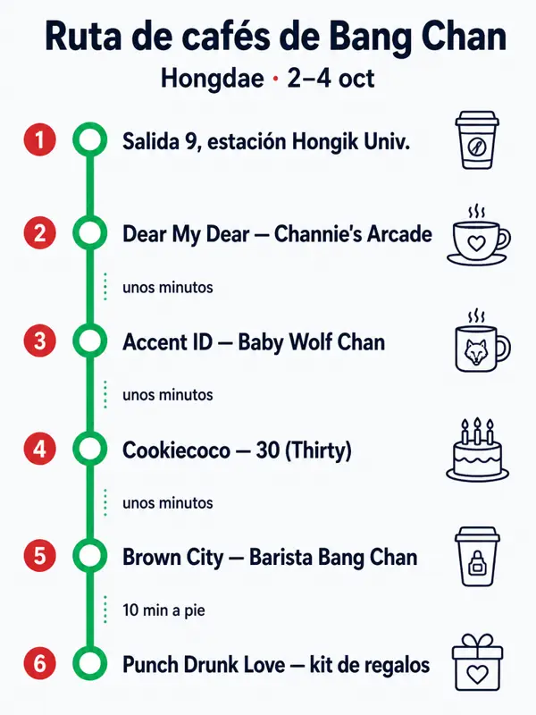 Mapa de la ruta: Ruta de cafés de cumpleaños de Bang Chan (2–4 oct)